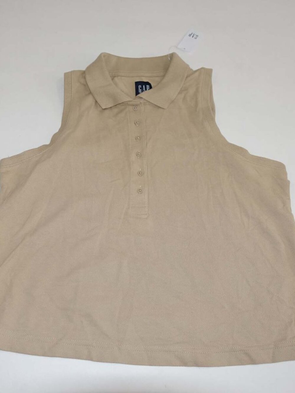 Gap Women's Cropped Pique Sleeveless Polo Shirt Medium Petite NWT Beige Cotton